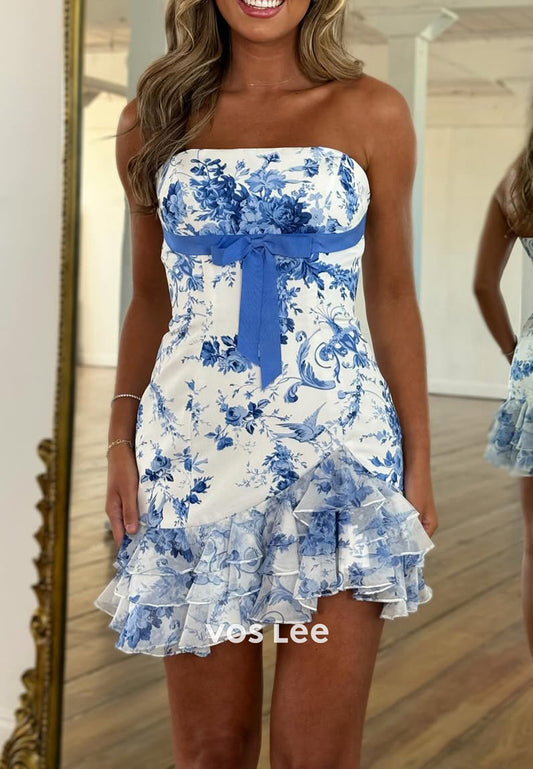 Short & Mini Strapless Bowknot Tiered Sheath Homecoming Dresses