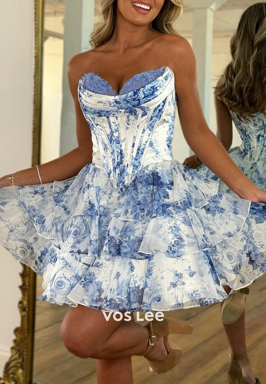 A-Line Strapless Sweetheart Appliqued Tiered Homecoming Dresses