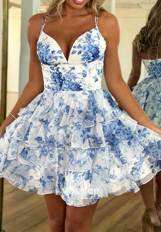 A-Line Spaghetti Straps V Neck Tiered Homecoming Dresses
