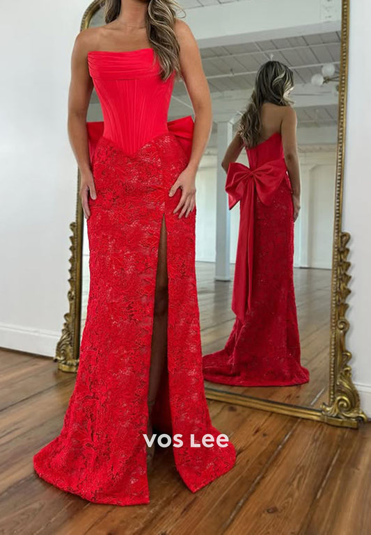 Gorgeous Red Strapless Lace Prom Dress With Bow Split Floor Length Party Dress