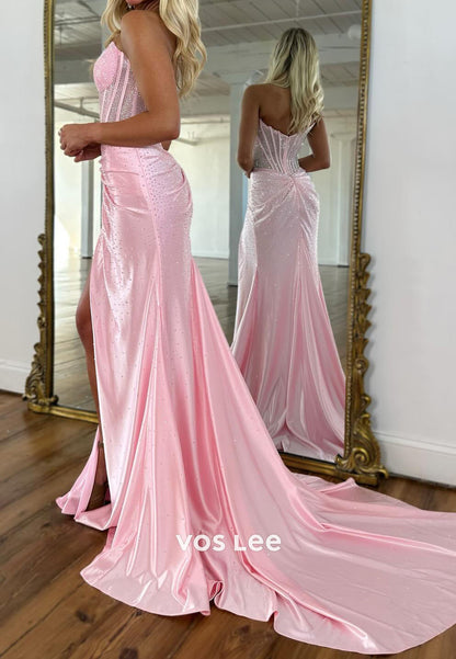 Glitter Sweetheart Crystals Sexy Bead Prom Dress Pleat Slit Long Party Dress