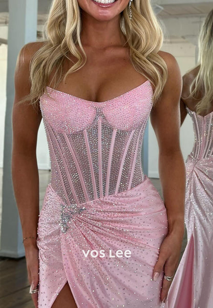 Glitter Sweetheart Crystals Sexy Bead Prom Dress Pleat Slit Long Party Dress