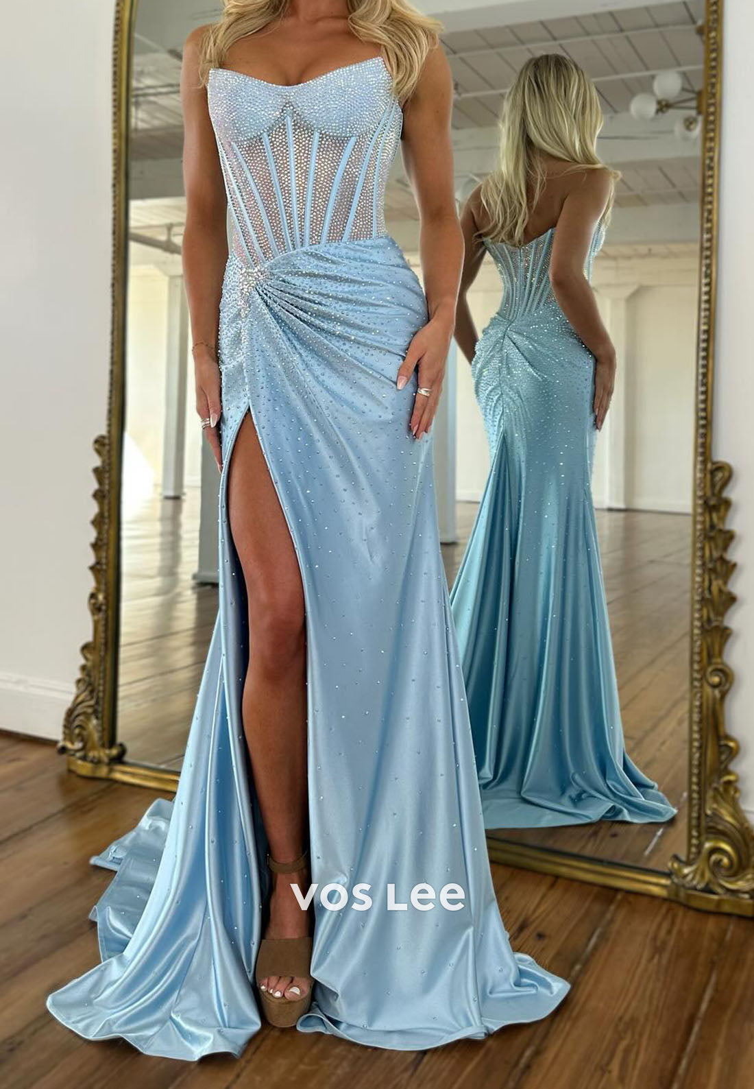 Glitter Sweetheart Crystals Sexy Bead Prom Dress Pleat Slit Long Party Dress