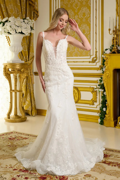 Delicate Embellished Spaghetti Straps Fitted Sleeveless Bridal Gown