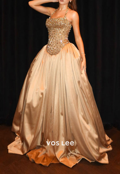 Glitter Gold Halter Crystals Diamonds Ball Long Prom Dress