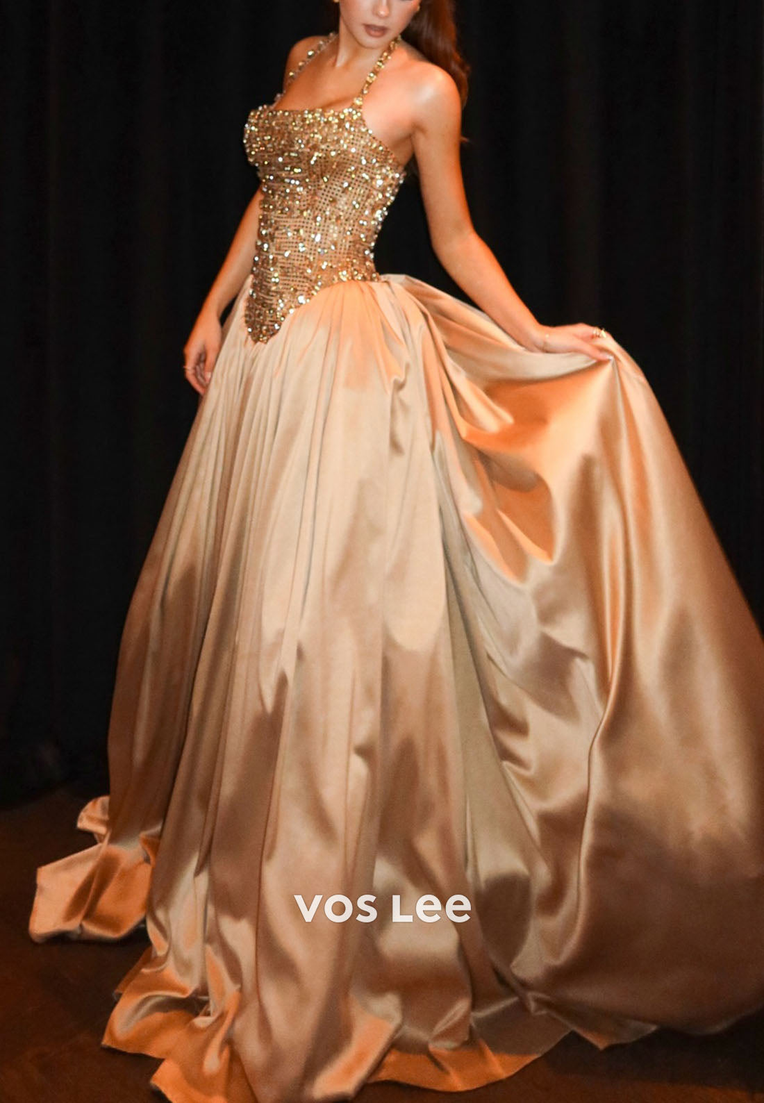 Glitter Gold Halter Crystals Diamonds Ball Long Prom Dress