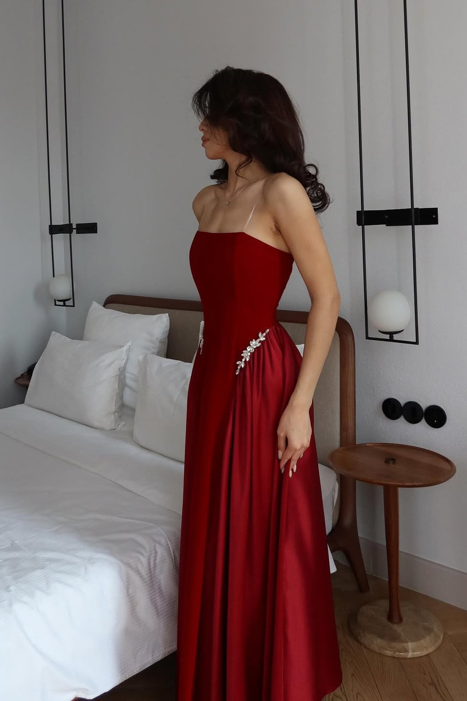 Glamorous Burgundy Spaghetti-Straps Sleeveless Satin Prom Dresses A-Line With Lace-Up Back