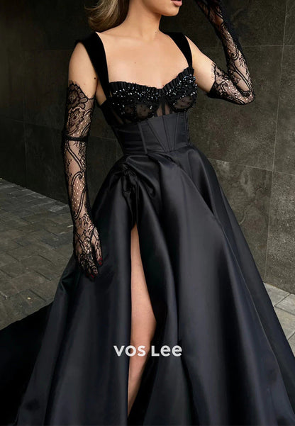 Classic & Timeless A-Line Sweetheart High Split Evening Dresses with Court Train