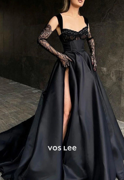 Classic & Timeless A-Line Sweetheart High Split Evening Dresses with Court Train