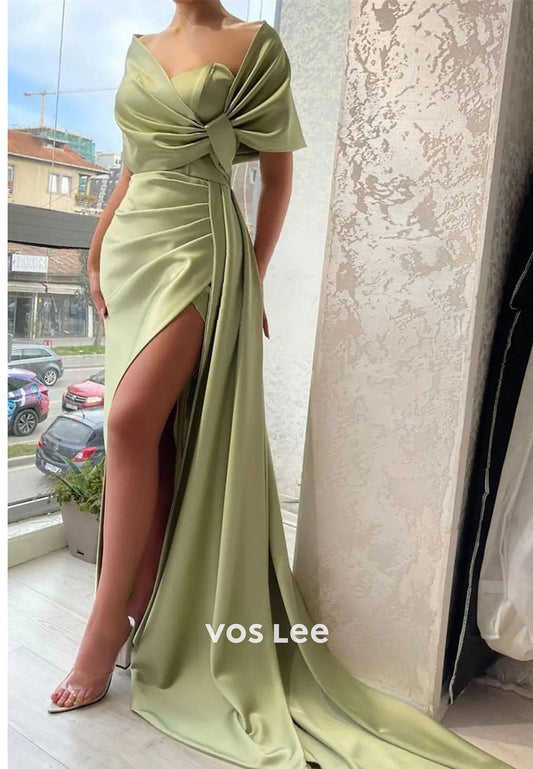 Glamorous & Dramatic Empire Waist Ruched Sheath Evening Dresses with High Split