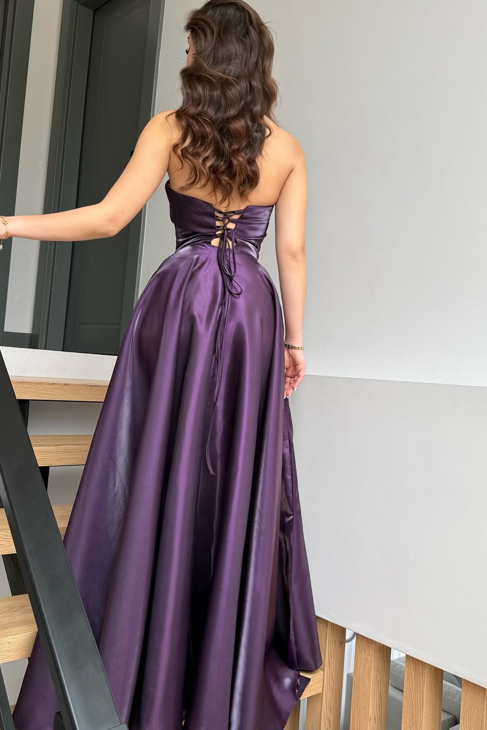 Glamorous Purple Strapless Sleeveless A-Line Prom Dresses Long Lace-Up Back With Pleats