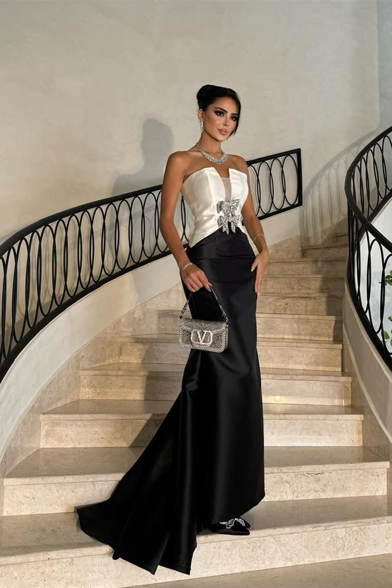 Glamorous White Black Satin Strapless Sleeveless Prom Dress Mermaid With Bow