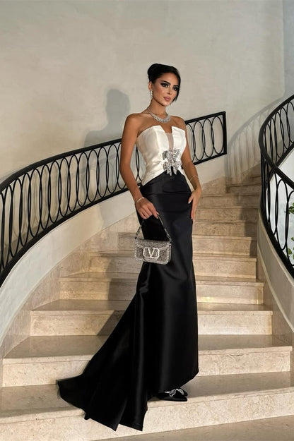 Glamorous White Black Satin Strapless Sleeveless Prom Dress Mermaid With Bow