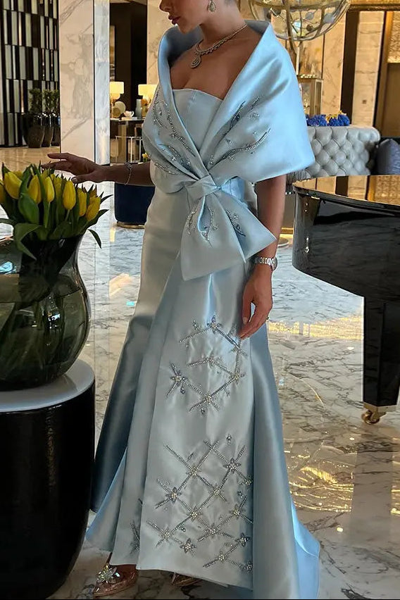 Luxury Blue Mermaid Evening Dress with Beaded Cape Shawl