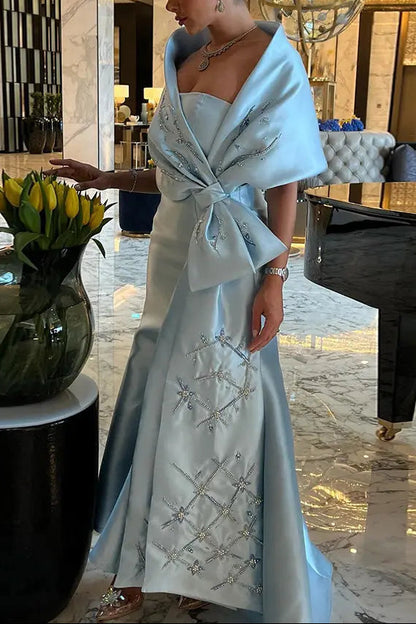 Luxury Blue Mermaid Evening Dress with Beaded Cape Shawl