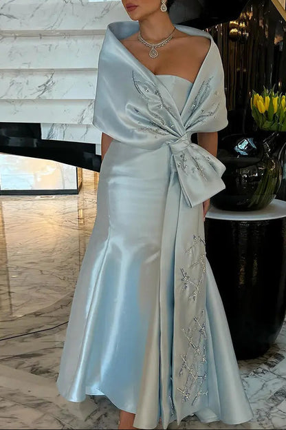 Luxury Blue Mermaid Evening Dress with Beaded Cape Shawl