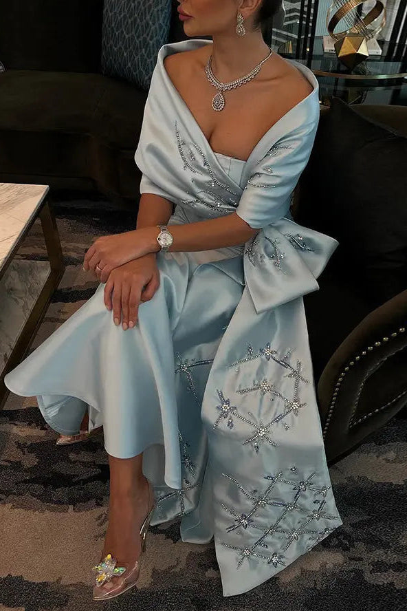 Luxury Blue Mermaid Evening Dress with Beaded Cape Shawl