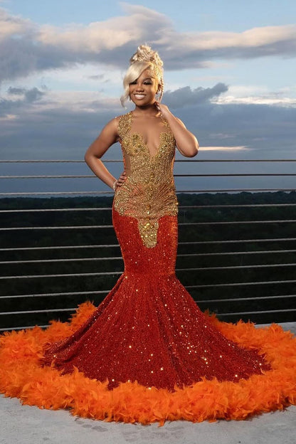 Gold appliques Orange Feathers Sequin Mermaid Long Prom Dresses