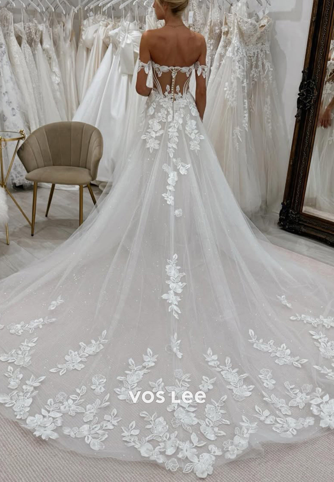 A-Line Off the Shoulder Appliques Lace Tulle Wedding Dresses with Chapel Train