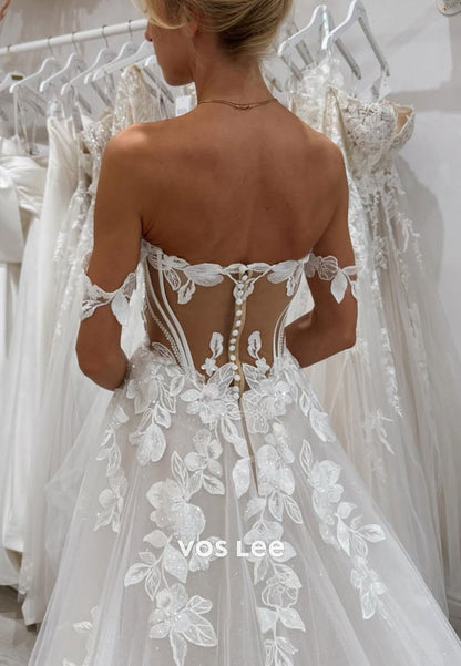 A-Line Off the Shoulder Appliques Lace Tulle Wedding Dresses with Chapel Train