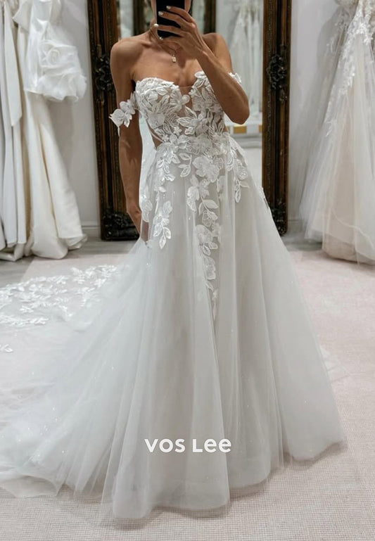 A-Line Off the Shoulder Appliques Lace Tulle Wedding Dresses with Chapel Train
