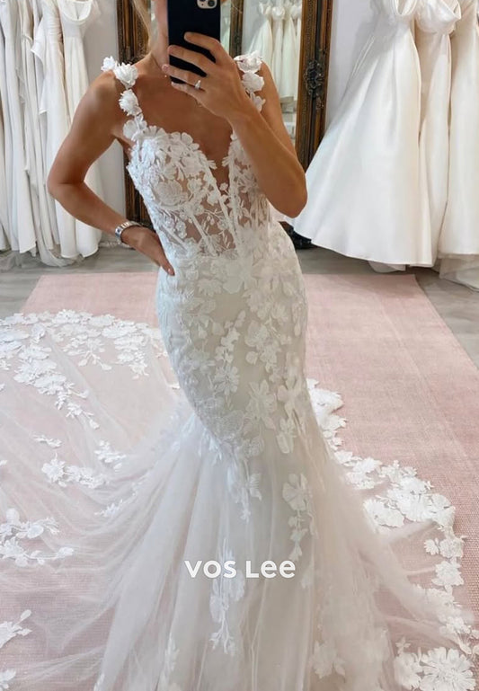 Spaghetti Straps Sweetheart Appliques Lace Mermaid Wedding Dresses with Court Train