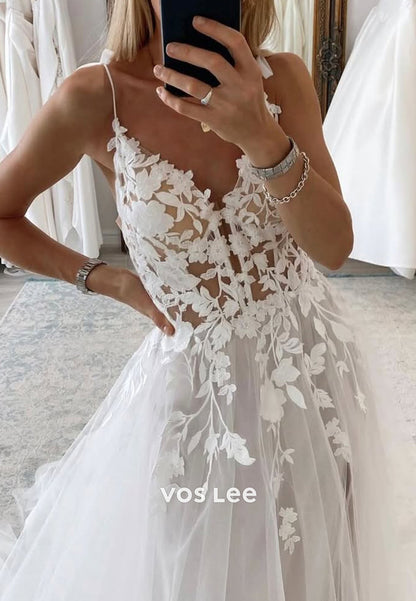 Spaghetti Straps Sweetheart Tulle A-Line Wedding Dresses with Sweep Train