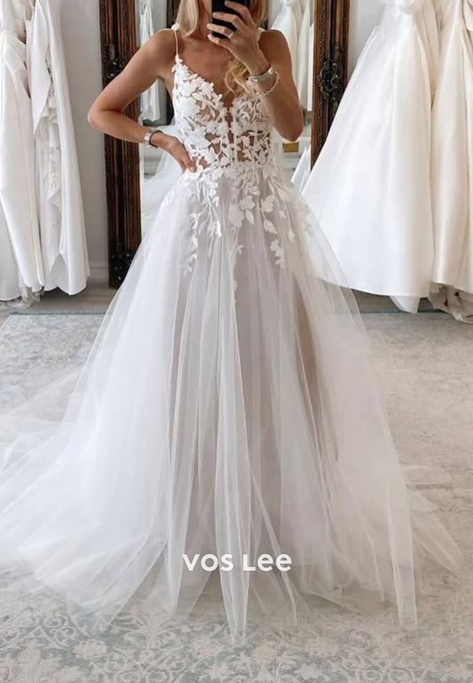 Spaghetti Straps Sweetheart Tulle A-Line Wedding Dresses with Sweep Train