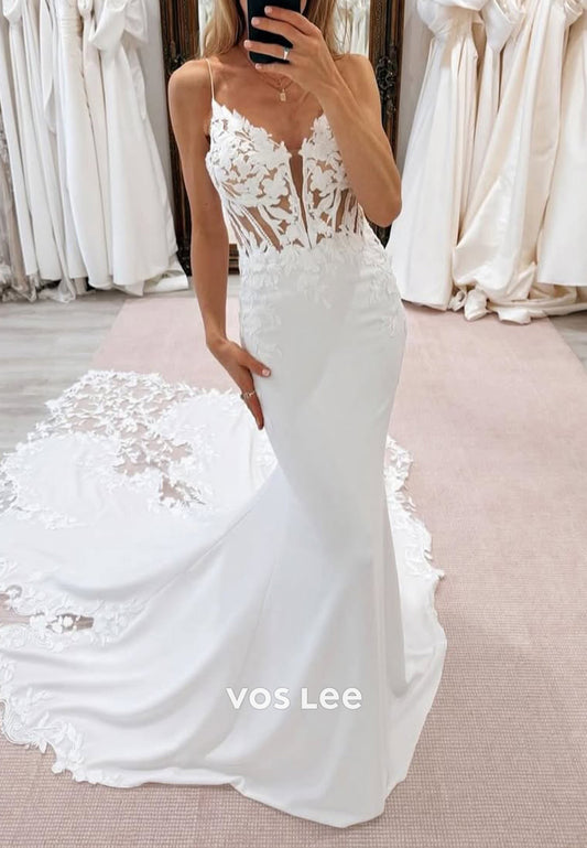 Spaghetti Straps Appliques Pearls Mermaid Wedding Dresses with Court Train