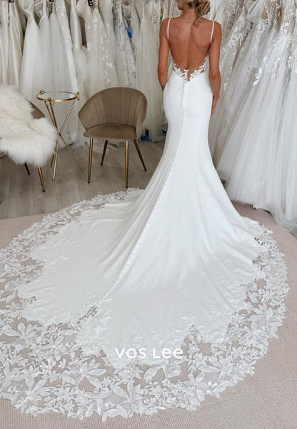 Spaghetti Straps Appliques Mermaid Wedding Dresses with Court Train
