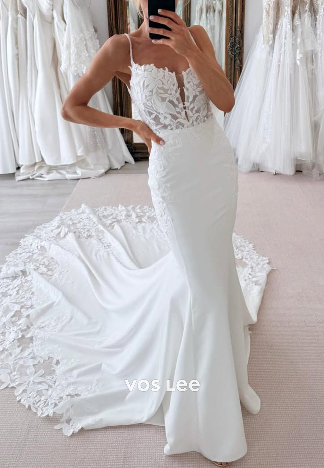Spaghetti Straps Appliques Mermaid Wedding Dresses with Court Train