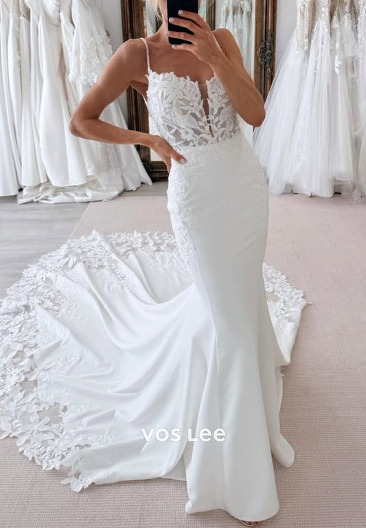 Spaghetti Straps Appliques Mermaid Wedding Dresses with Court Train