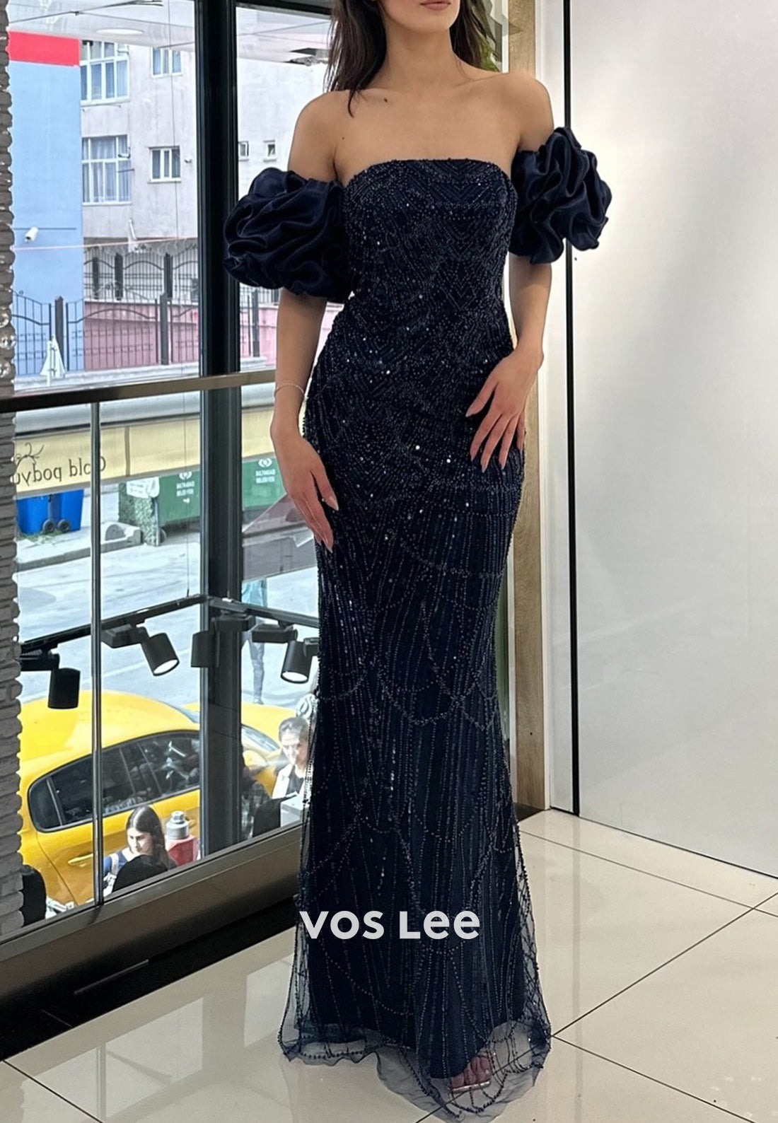 Elegant & Luxurious Short Sleeve Ruched Sheath Beading Floor-Length Evening Dresses