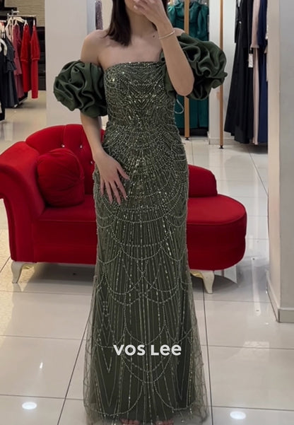 Elegant & Luxurious Short Sleeve Ruched Sheath Beading Floor-Length Evening Dresses
