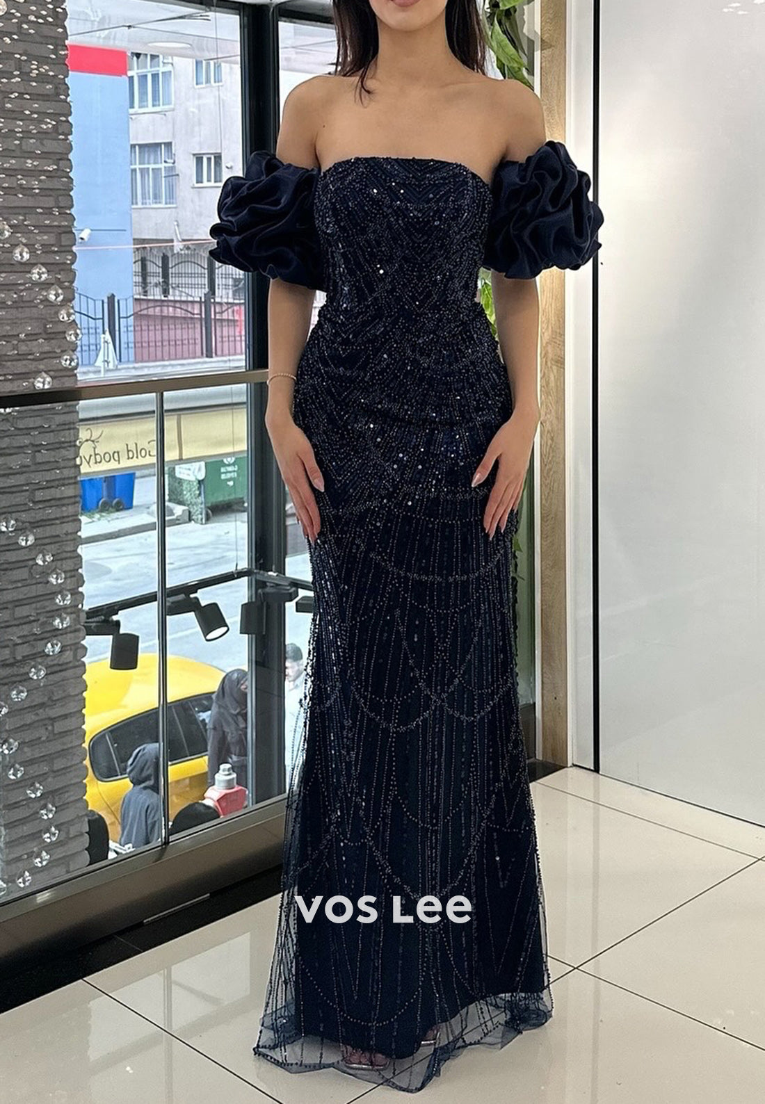 Elegant & Luxurious Short Sleeve Ruched Sheath Beading Floor-Length Evening Dresses