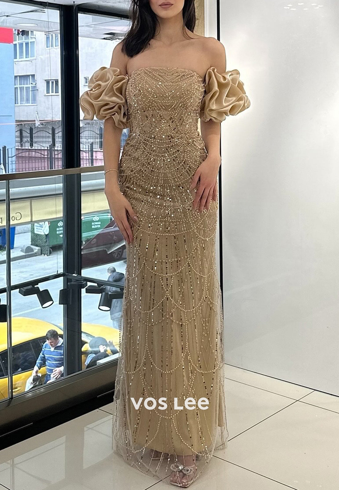 Elegant & Luxurious Short Sleeve Ruched Sheath Beading Floor-Length Evening Dresses