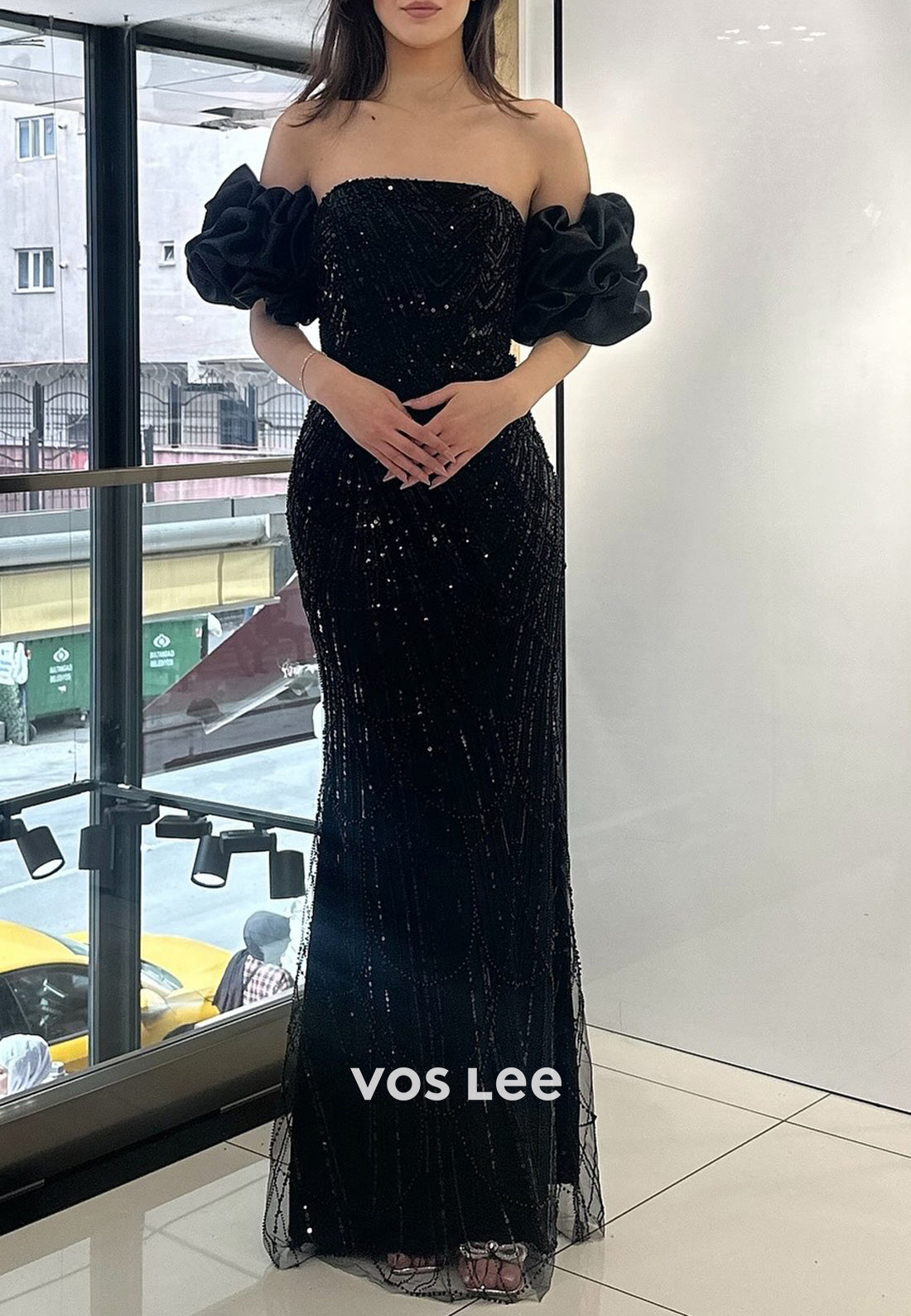 Elegant & Luxurious Short Sleeve Ruched Sheath Beading Floor-Length Evening Dresses