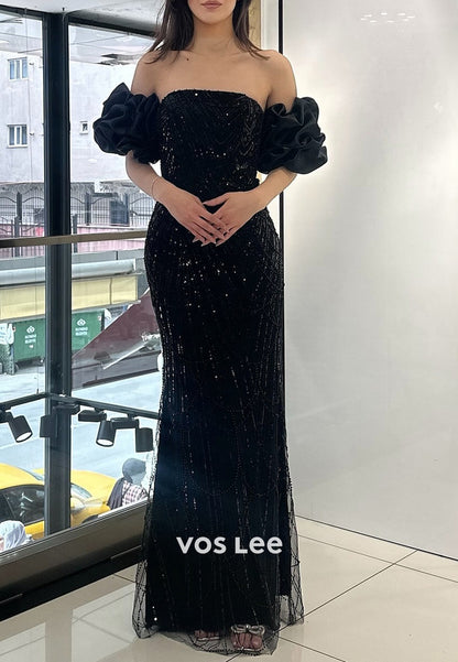 Elegant & Luxurious Short Sleeve Ruched Sheath Beading Floor-Length Evening Dresses