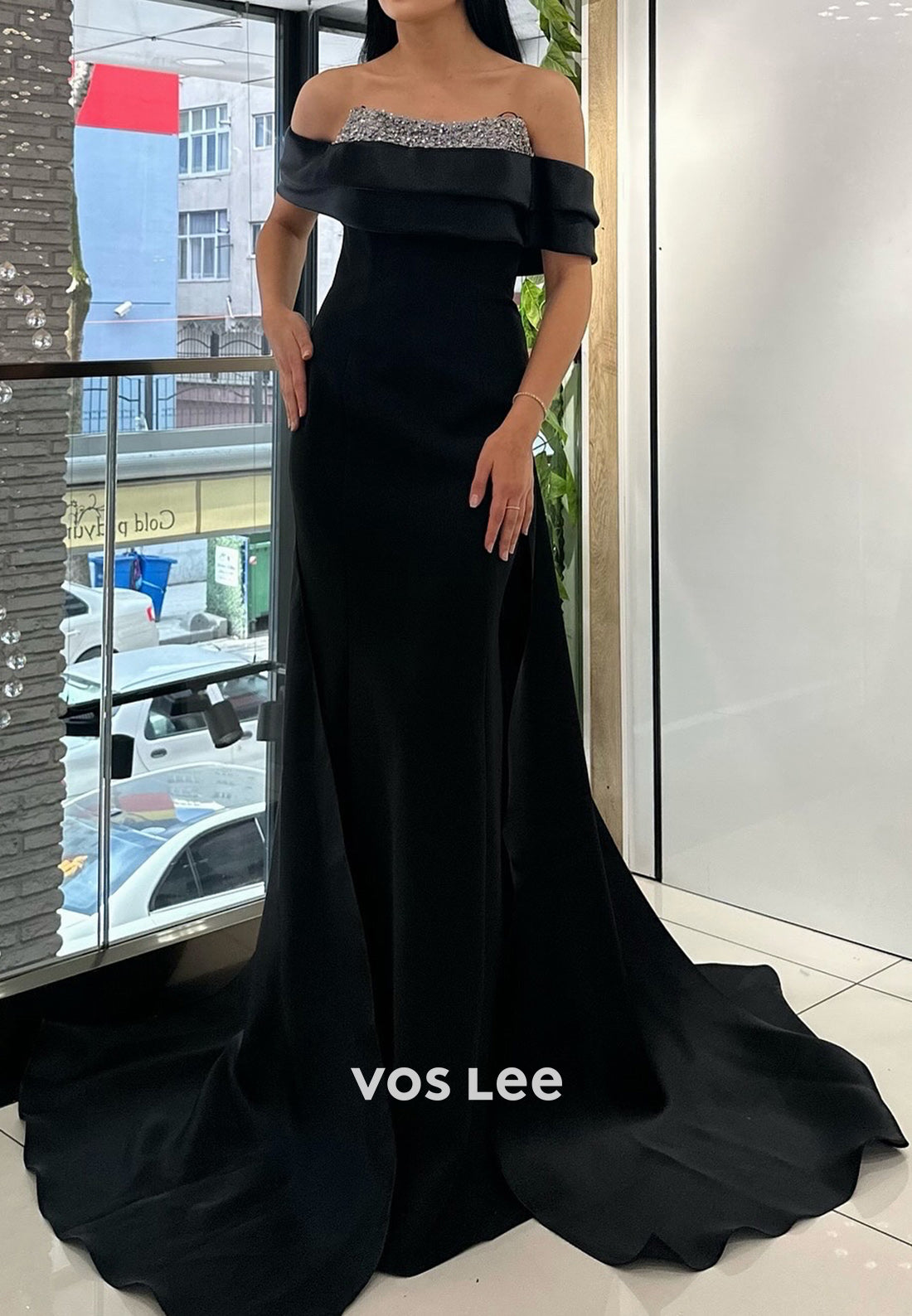 Simple & Casual Off the Shoulder Rhinestone Sheath  Prom Dresses with Sweep Train