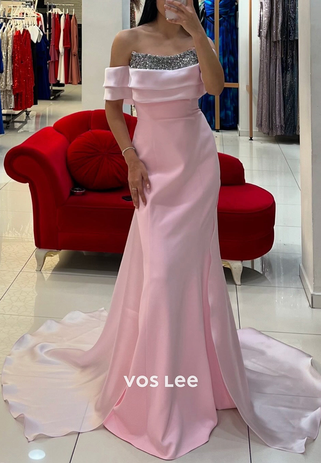 Simple & Casual Off the Shoulder Rhinestone Sheath  Prom Dresses with Sweep Train