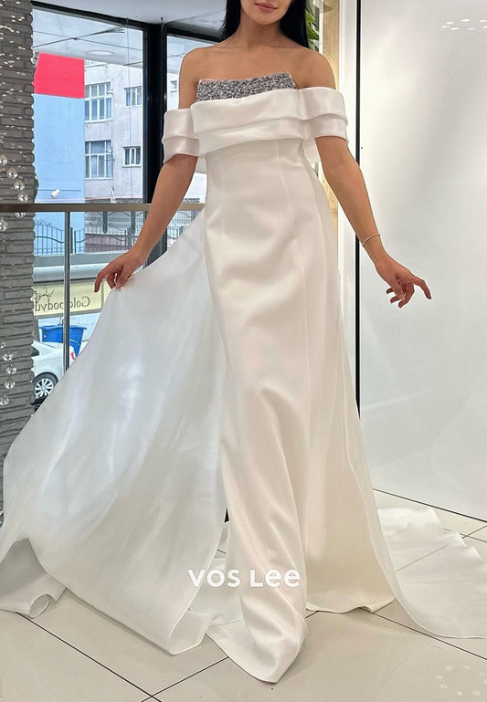 Simple & Casual Off the Shoulder Rhinestone Sheath  Prom Dresses with Sweep Train