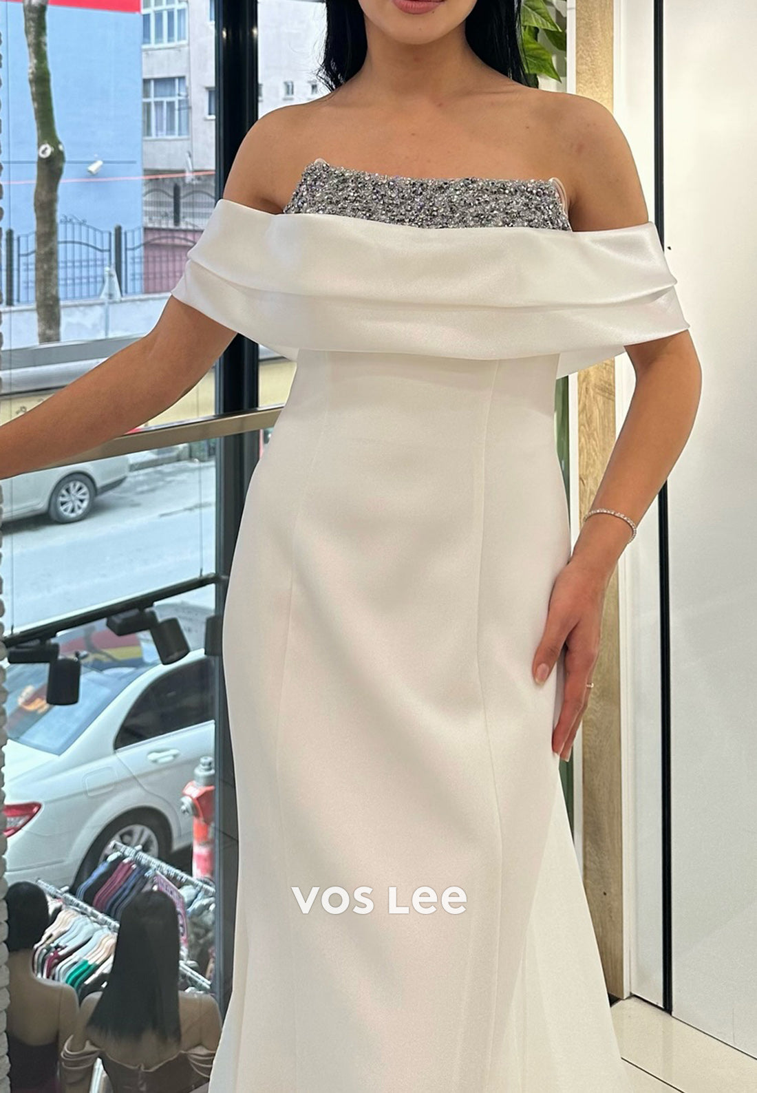 Simple & Casual Off the Shoulder Rhinestone Sheath  Prom Dresses with Sweep Train