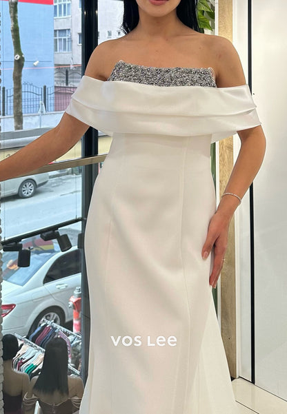 Simple & Casual Off the Shoulder Rhinestone Sheath  Prom Dresses with Sweep Train