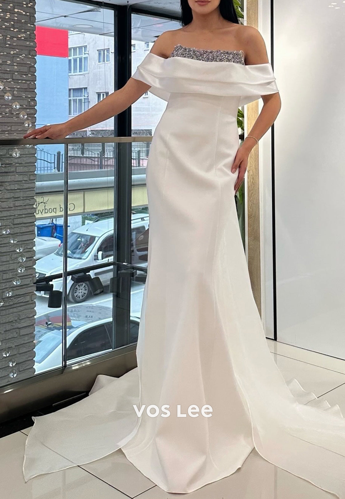 Simple & Casual Off the Shoulder Rhinestone Sheath  Prom Dresses with Sweep Train