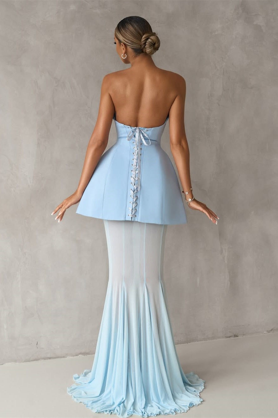 Gorgeous Ice Blue Strapless Satin Prom Dresses Sleeveless Long Lace-Up Back With Pleats