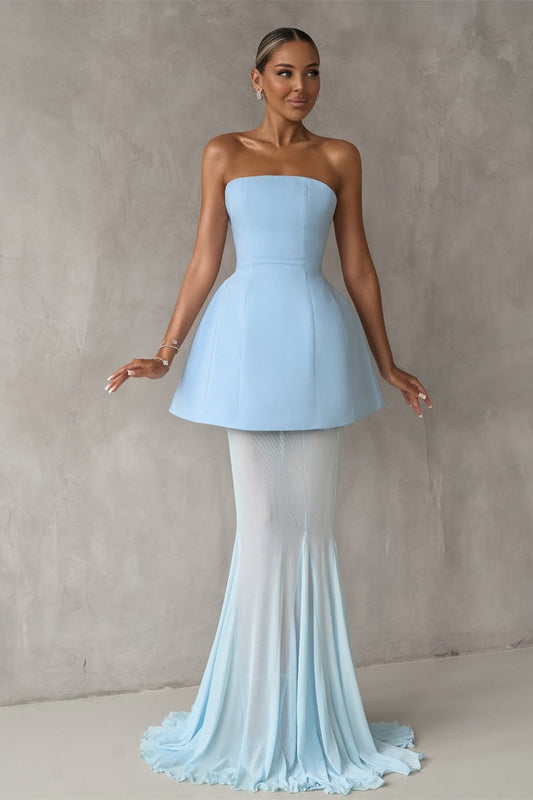 Gorgeous Ice Blue Strapless Satin Prom Dresses Sleeveless Long Lace-Up Back With Pleats