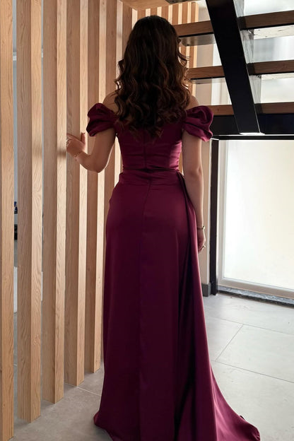 Gorgeous Sleeveless Off-The-Shoulder Satin Prom Dresses WIth High Split