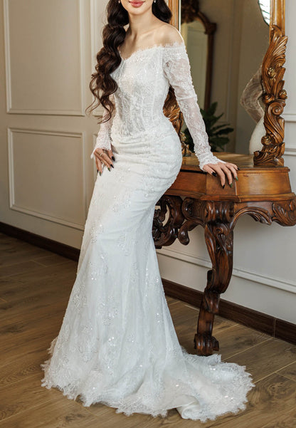 Long Sleeves Scoop V-Neck Mermaid Wedding Dress