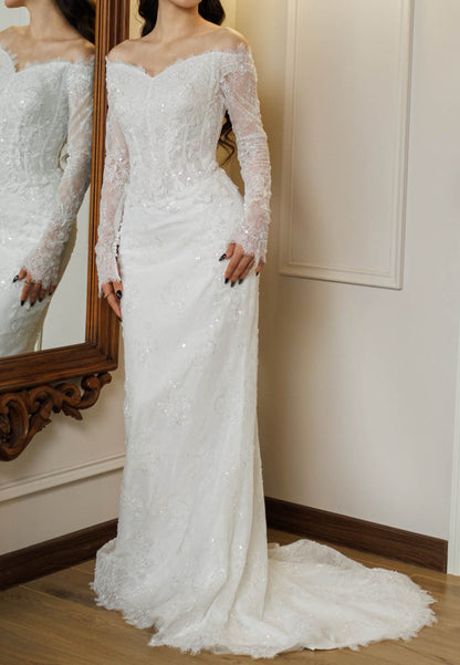 Long Sleeves Scoop V-Neck Mermaid Wedding Dress