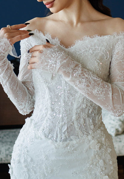 Long Sleeves Scoop V-Neck Mermaid Wedding Dress